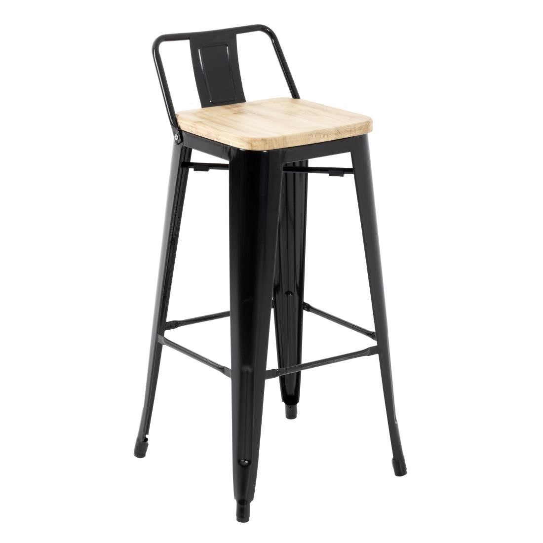 Bolero Bistro Metal High Bar Stool with Wooden Seat Pad and Back Rest Black (Pack of 4) • PAS-FB623