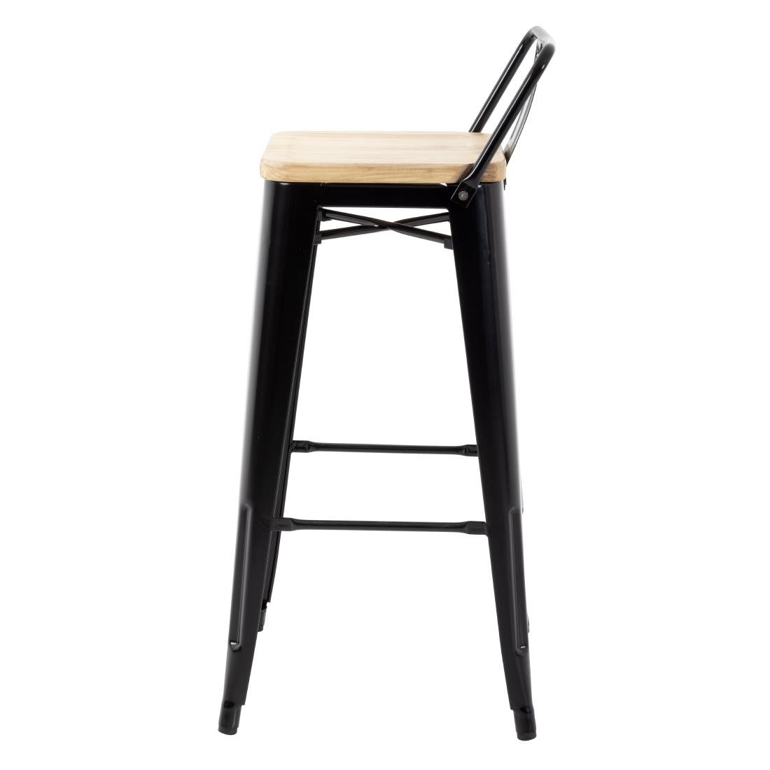 Bolero Bistro Metal High Bar Stool with Wooden Seat Pad and Back Rest Black (Pack of 4) • PAS-FB623