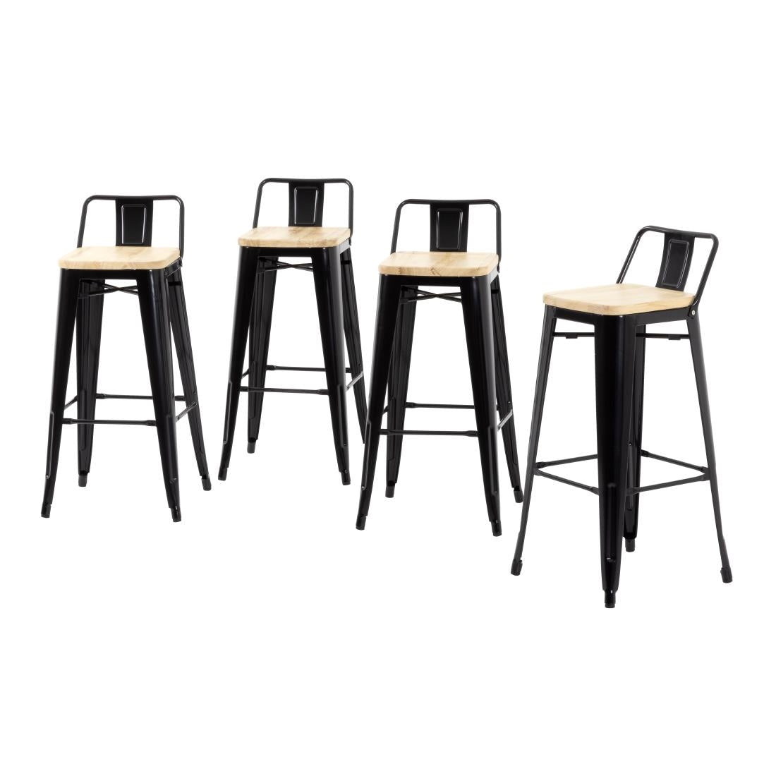 Bolero Bistro Metal High Bar Stool with Wooden Seat Pad and Back Rest Black (4 Pack) • PAS-FB623
