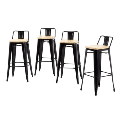 Bolero Bistro Metal High Bar Stool with Wooden Seat Pad and Back Rest Black (4 Pack) • PAS-FB623