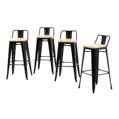 Bolero Bistro Metal High Bar Stool with Wooden Seat Pad and Back Rest Black (Pack of 4) • PAS-FB623