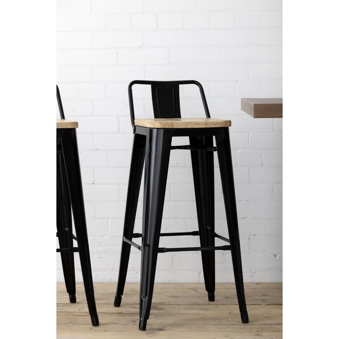 Bolero Bistro Metal High Bar Stool with Wooden Seat Pad and Back Rest Black (4 Pack) • PAS-FB623
