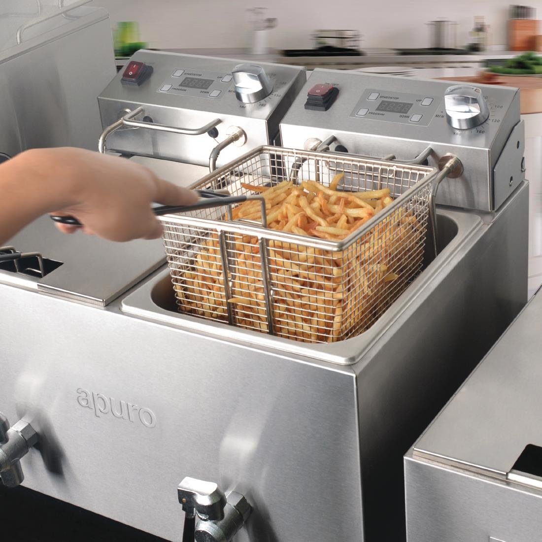 Apuro Twin Tank Twin Basket 2x8Ltr Countertop Fryer with Timers 2x2.9kW • PAS-FC375-A