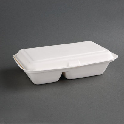 Fiesta Compostable Bagasse Hinged 2-Compartment Food Containers 253mm (Pack of 200) • PAS-FC524