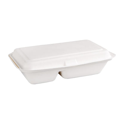 Fiesta Compostable Bagasse Hinged 2-Compartment Food Containers 253mm (Pack of 200) • PAS-FC524