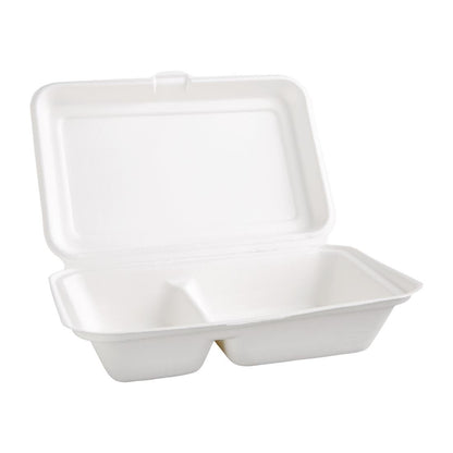 Fiesta Compostable Bagasse Hinged 2-Compartment Food Containers 253mm (Pack of 200) • PAS-FC524