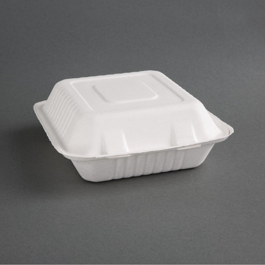 Fiesta Compostable Bagasse Hinged 3-Compartment Food Containers 201mm (Pack of 200) • PAS-FC526