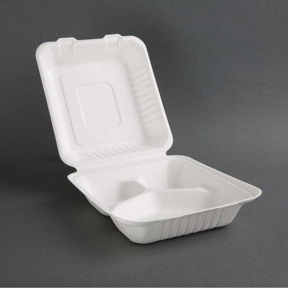 Fiesta Compostable Bagasse Hinged 3-Compartment Food Containers 201mm (Pack of 200) • PAS-FC526