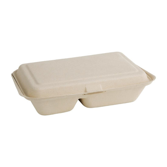 Fiesta Compostable Bagasse Two-Compartment Hinged Food Containers Natural Colour 253mm (Pack of 200) • PAS-FC541