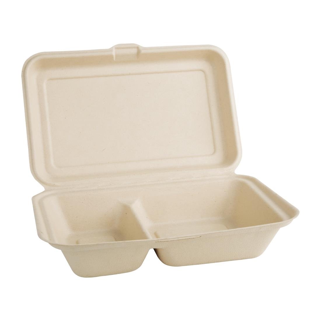 Fiesta Compostable Bagasse Two-Compartment Hinged Food Containers Natural Colour 253mm (Pack of 200) • PAS-FC541