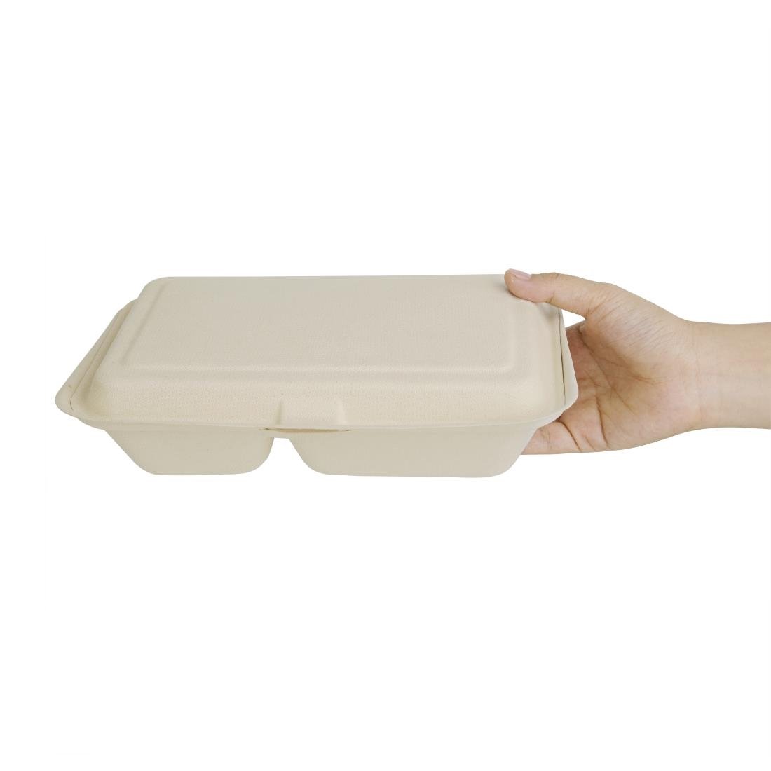 Fiesta Compostable Bagasse Two-Compartment Hinged Food Containers Natural Colour 253mm (Pack of 200) • PAS-FC541