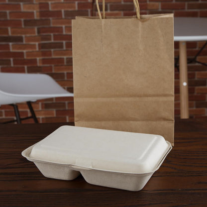 Fiesta Compostable Bagasse Two-Compartment Hinged Food Containers Natural Colour 253mm (Pack of 200) • PAS-FC541