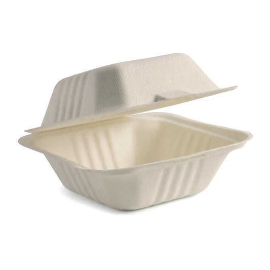 BioPak BioCane Clamshell Container White - 152x 152x 81mm (500 Pack) (Size: 152(L) x 152(W) x 81(H)mm / 5.9x5.9x3.1") • PAS-DU634