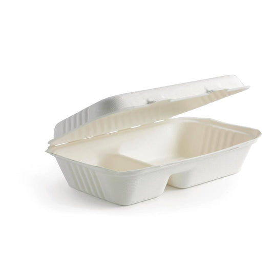 BioPak BioCane Two Compartment Clamshells Container White - 23x15x8cm (250 Pack) (Size: 250(L) x 163(W) x 60(H)mm / 9.8x6.4x2.3") • PAS-DU636