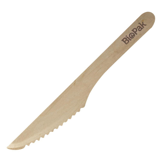 BioPak Biodegradable Coated Wooden Knives 160mm (100 Pack) • PAS-FK559