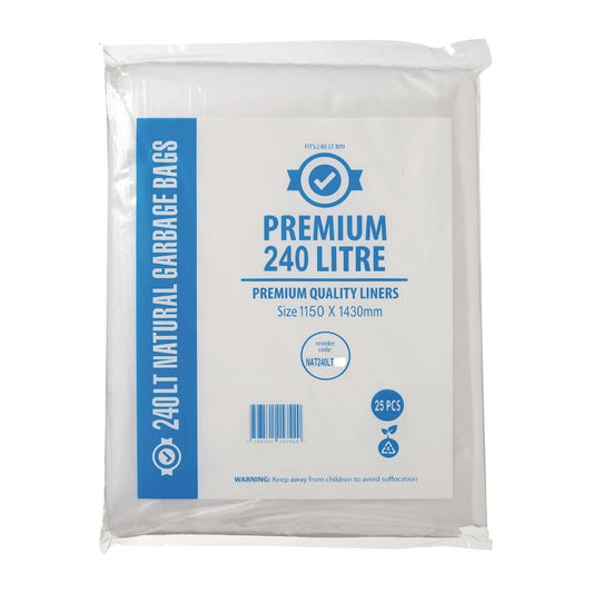 Jantex Premium Food Safe Garbage Bags Clear 240Ltr (25 Pack) (Pack of 25) • PAS-FL887