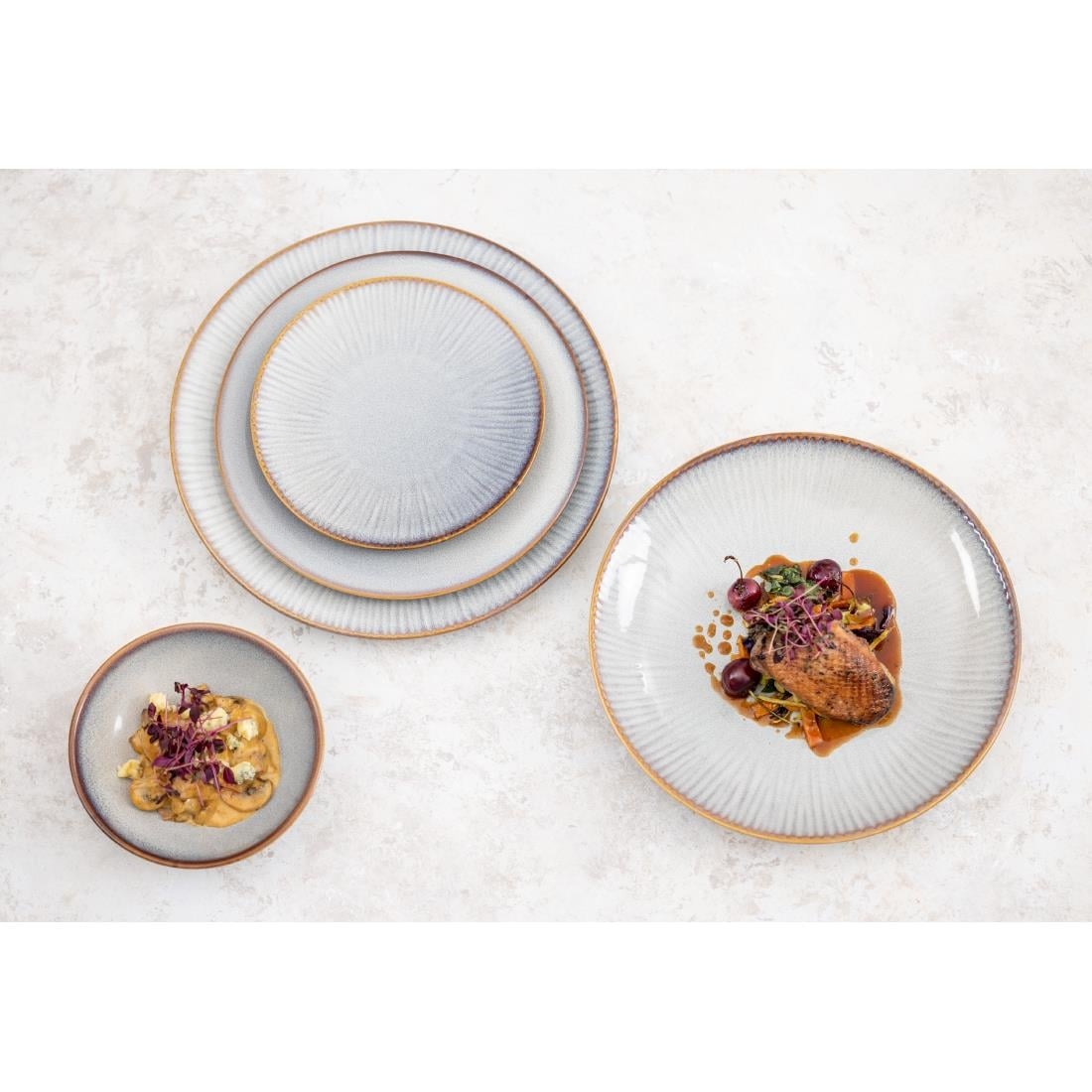 Olympia Drift Grey Embossed Coupe Low Bowls 260mm (4 Pack) (Pack of 4) • PAS-FU197