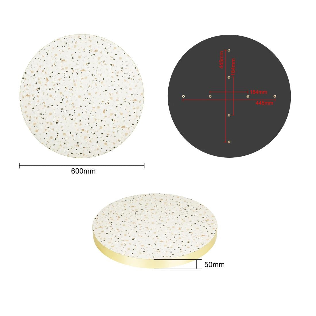 Bolero Terrazzo Style Round Table Top 600mm (Size: 600(Ø)x48(D)mm / 23.6x1.8" | Pre-drilled) • PAS-FU518