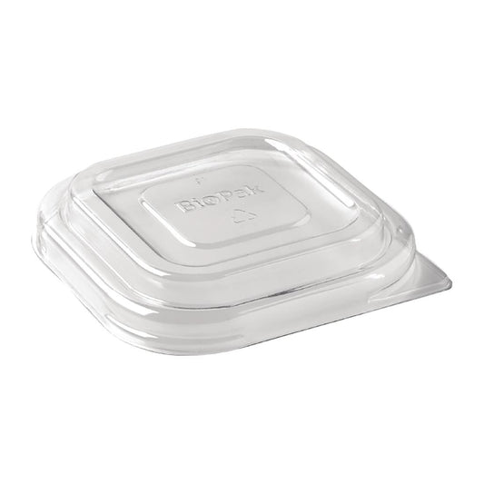 BioPak rPET Lids Clear for BioCane Square Base 280 480 & 630ml (600 Pack) (rPET | Recyclable | Pack of 600) • PAS-FY054
