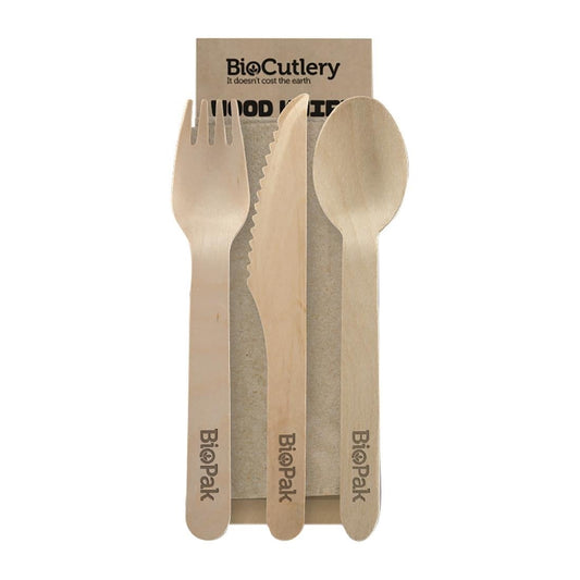 BioPak BioCutlery Wood Knife, Fork, Spoon Napkin Set (Pack of 400) • PAS-FY062