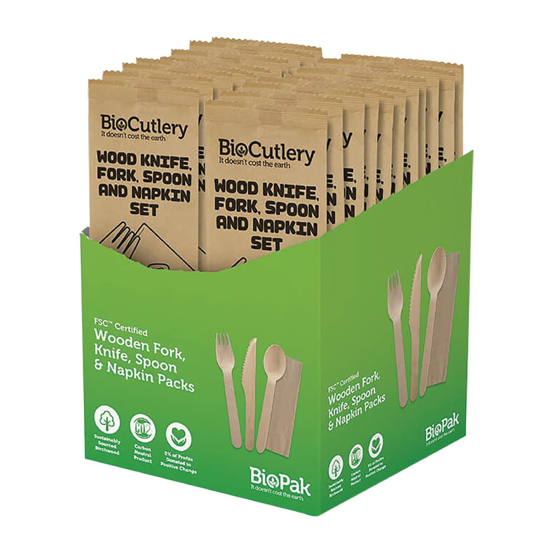 BioPak BioCutlery Wood Knife, Fork, Spoon Napkin Set (400 Pack) (Pack of 400) • PAS-FY062