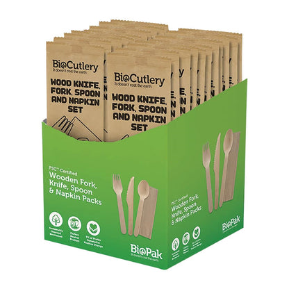 BioPak BioCutlery Wood Knife, Fork, Spoon Napkin Set (400 Pack) (Pack of 400) • PAS-FY062