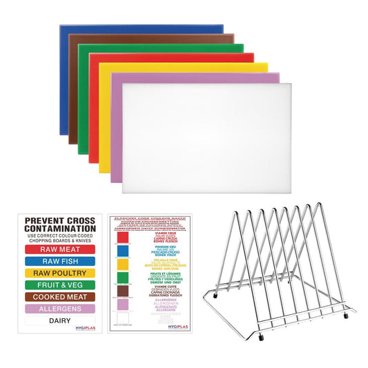 Hygiplas High Density Set of 7 Chopping Boards, Steel Rack & Wall Chart - 450x300x12mm (Size: 450x300x12mm) • PAS-FY990