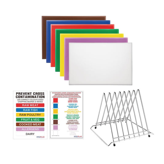 Hygiplas High Density Set of 7 Chopping Boards, Steel Rack & Wall Chart - 450x300x20mm (Size: 450x300x20mm) • PAS-FY991