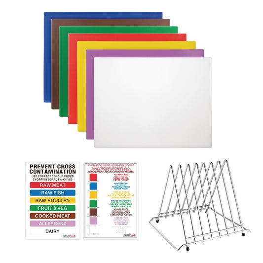 Hygiplas High Density Set of 7 Chopping Boards, Steel Rack & Wall Chart - 600x450x12mm (Size: 600x450x12mm) • PAS-FY992