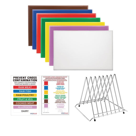 Hygiplas High Density Set of 7 Chopping Boards, Steel Rack & Wall Chart - 600x450x25mm (Size: 600x450x25mm) • PAS-FY993