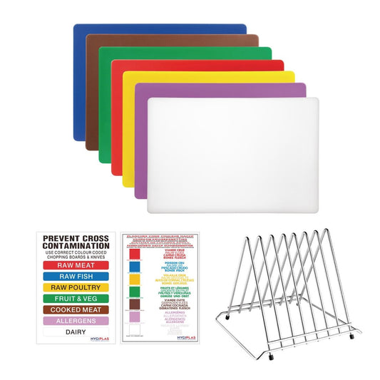 Hygiplas Low Density Set of 7 Chopping Boards, Steel Rack & Wall Chart - 300x450x20mm • PAS-FY994