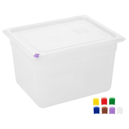 Hygiplas Click PP 1/2 GN Container with Lid & 7 Colour Clips 200mm 11.7Ltr (4 Pack) (1/2 GN Pan | With Lid and 7 colour clips | 200mm | 11.7Ltr | Pack 4) • PAS-FZ091