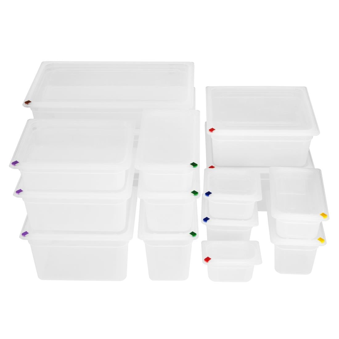 Hygiplas Click PP 1/2 GN Container with Lid & 7 Colour Clips 200mm 11.7Ltr (4 Pack) (1/2 GN Pan | With Lid and 7 colour clips | 200mm | 11.7Ltr | Pack 4) • PAS-FZ091
