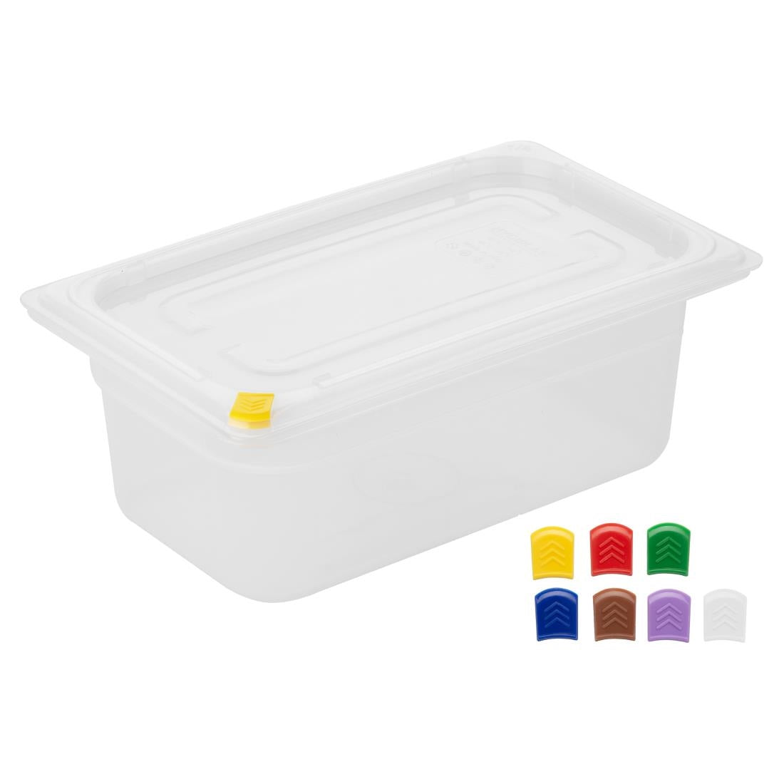 Hygiplas Click PP 1/4 GN Container with Lid & 7 Colour Clips 100mm 2.5Ltr (4 Pack) (1/4 GN Pan | With Lid and 7 colour clips | 100mm | 2.5Ltr | Pack 4) • PAS-FZ095