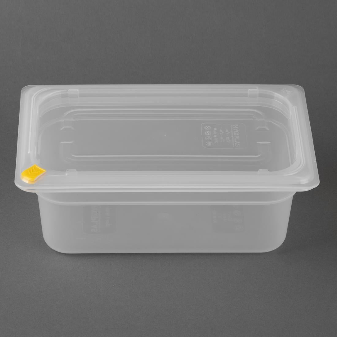 Hygiplas Click PP 1/4 GN Container with Lid & 7 Colour Clips 100mm 2.5Ltr (4 Pack) (1/4 GN Pan | With Lid and 7 colour clips | 100mm | 2.5Ltr | Pack 4) • PAS-FZ095