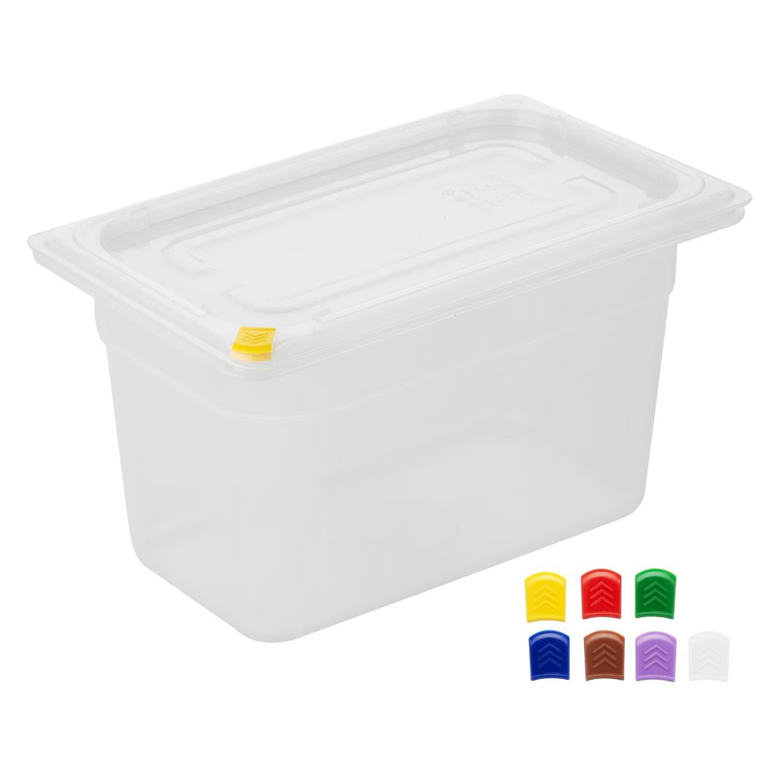Hygiplas Click PP 1/4 GN Container with Lid & 7 Colour Clips 150mm 3.7Ltr (4 Pack) (1/4 GN Pan | With Lid and 7 colour clips | 150mm | 3.7Ltr | Pack 4) • PAS-FZ096