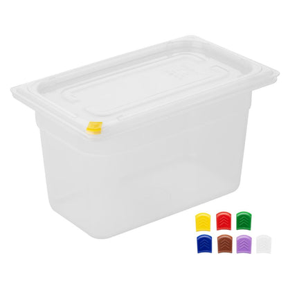 Hygiplas Click PP 1/4 GN Container with Lid & 7 Colour Clips 150mm 3.7Ltr (4 Pack) (1/4 GN Pan | With Lid and 7 colour clips | 150mm | 3.7Ltr | Pack 4) • PAS-FZ096