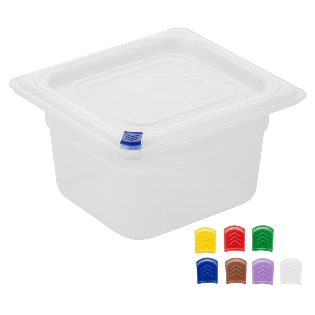 Hygiplas Click PP 1/6 GN Container with Lid & 7 Colour Clips 100mm 1.5Ltr (4 Pack) (1/6 GN Pan | With Lid and 7 colour clips | 100mm | 1.5Ltr | Pack 4) • PAS-FZ097
