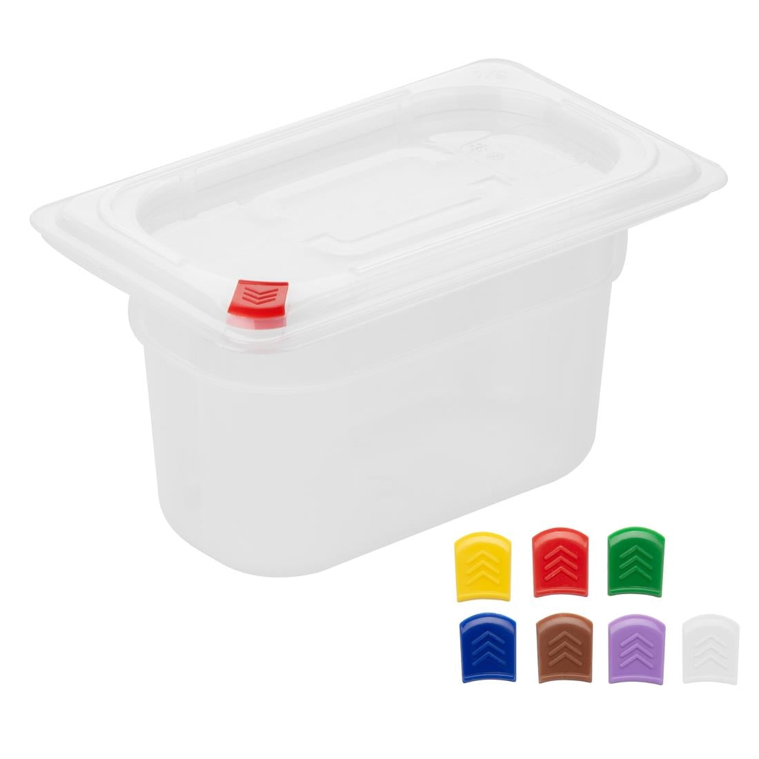 Hygiplas Click PP 1/9 GN Container with Lid & 7 Colour Clips 100mm 0.85Ltr (4 Pack) (1/9 GN Pan | With Lid  and 7 colour clips | 100mm | 0.85Ltr | Pack 4) • PAS-FZ099