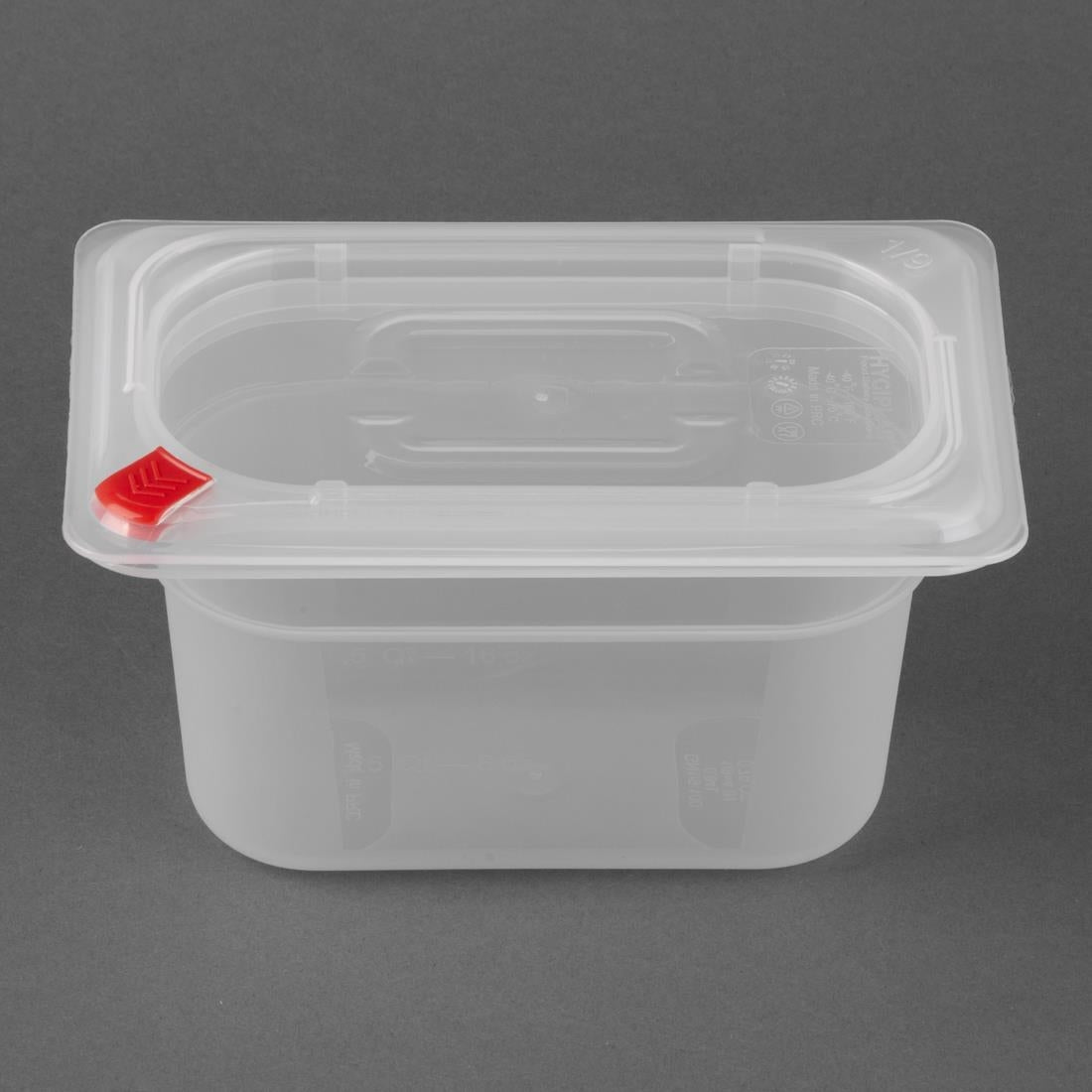 Hygiplas Click PP 1/9 GN Container with Lid & 7 Colour Clips 100mm 0.85Ltr (4 Pack) (1/9 GN Pan | With Lid  and 7 colour clips | 100mm | 0.85Ltr | Pack 4) • PAS-FZ099