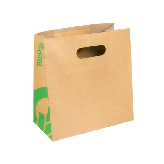 BioPak BioPaper Small Die Cut Handle Kraft paper Bags - 270 x 280 x 150 (250 Pack) (Size 270x280x150 | Pack of 250 | Paper material) • PAS-FZ943