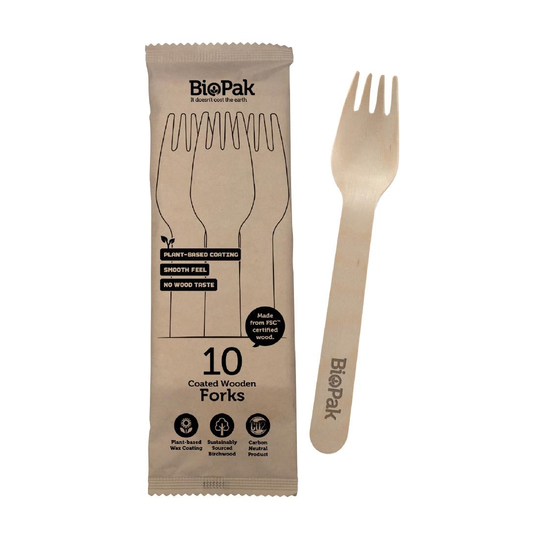 BioPak BioCutlery Wooden Fork in Paper Sleeves - 16cm (10 Pack) (Pack of 10) • PAS-FZ954