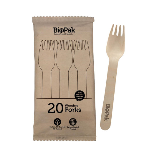 BioPak BioCutlery Wooden Fork - 16cm (20 Pack) (16cm Forks only | Pack of 20) • PAS-FZ957