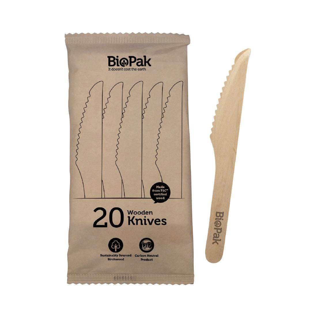 BioPak BioCutlery Wooden Knife - 16cm (20 Pack) (Pack of 20) • PAS-FZ958