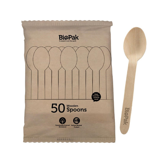 BioPak BioCutlery Wooden Spoon - 16cm (50 Pack) (16cm Spoons only | Pack of 50) • PAS-FZ962