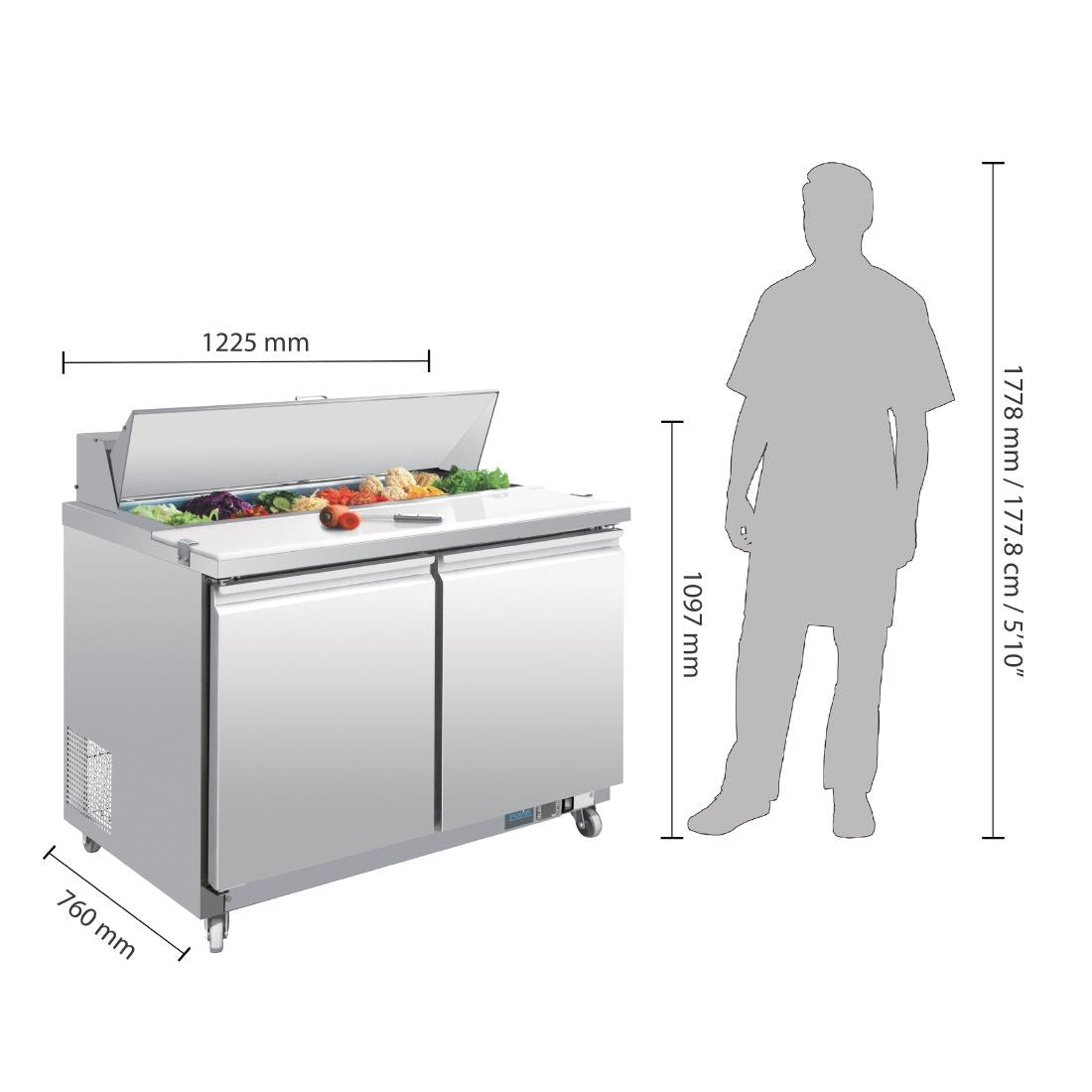 Polar U-Series Double Door Prep Counter Fridge 405Ltr • PAS-GD882-A