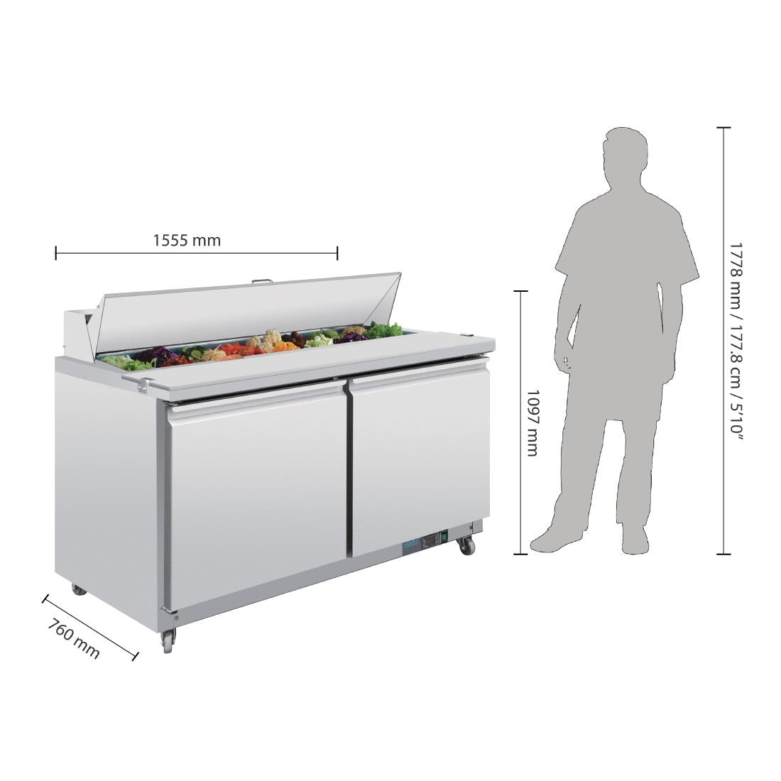 Polar U-Series Double Door Prep Counter Fridge 527Ltr • PAS-GD883-A