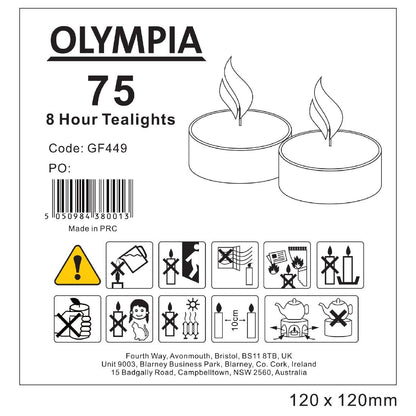 Olympia 8 Hour Tealights (75 Pack) (8 hour burn time | Pack quantity: 75.) • PAS-GF449