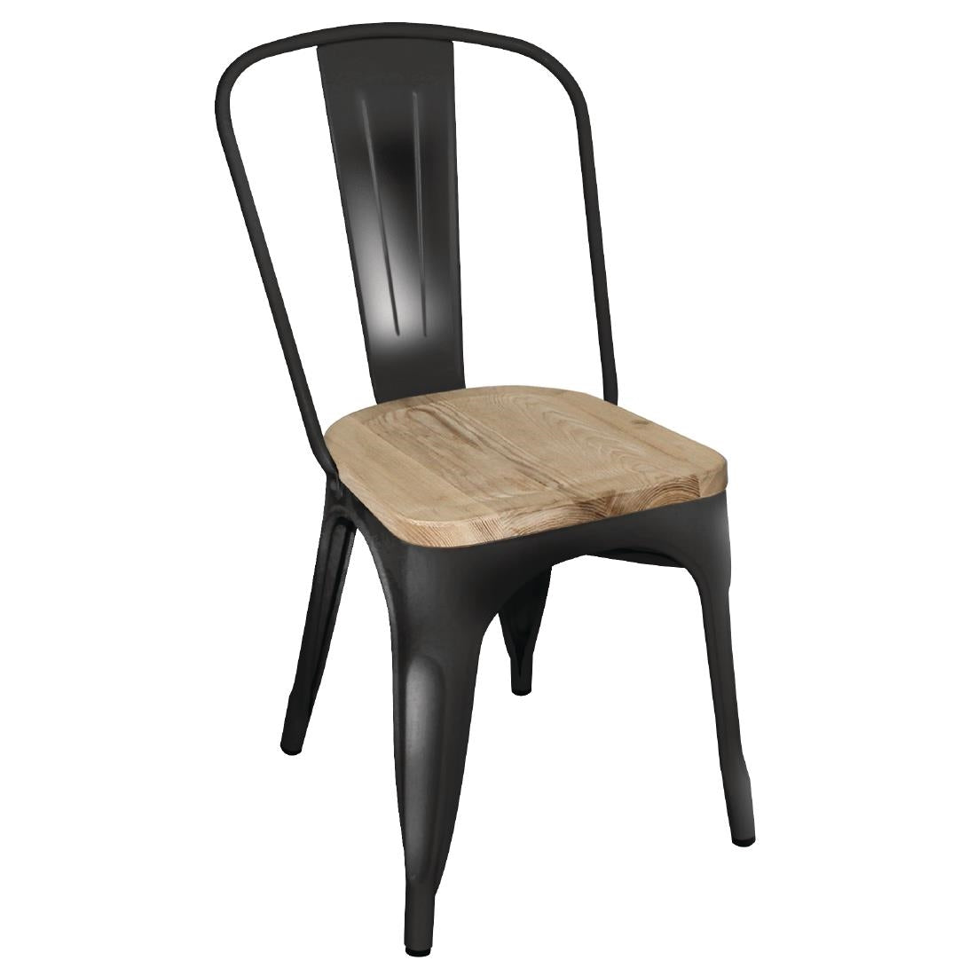 Bolero Bistro Metal Dining Side Chair with Wooden Seat Pad Black (4 Pack) • PAS-GG707