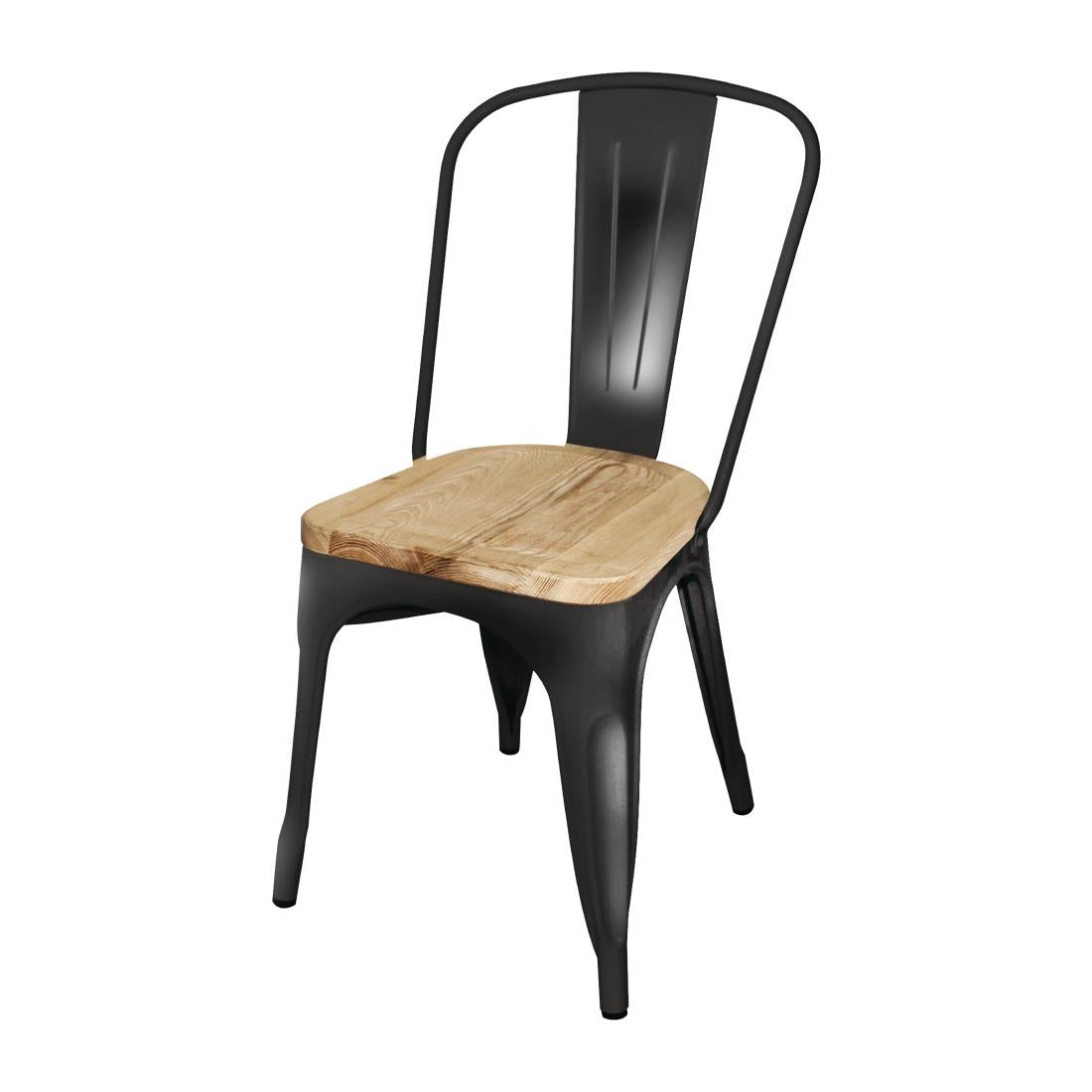 Bolero Bistro Metal Dining Side Chair with Wooden Seat Pad Black (4 Pack) • PAS-GG707